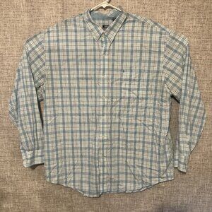 IZOD Mens 2XL XXL Light Blue / White Plaid Long Sleeve Button Up Cotton Shirt